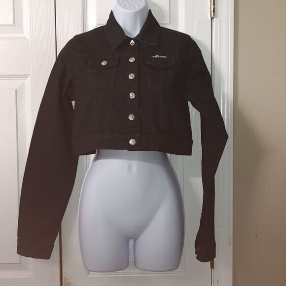 M. Michel  black cropped jean denim jacket  Sz M - Picture 1 of 6
